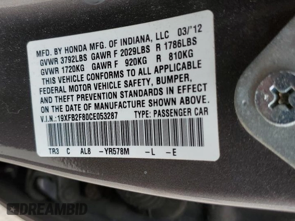 2012 Honda Civic EX with VIN 19XFB2F80CE053287, listed as a Copart auction lot 53332085 with 137,445 mi miles and Salvage Title. Bid and sale history available at DreamBid. Image 12.