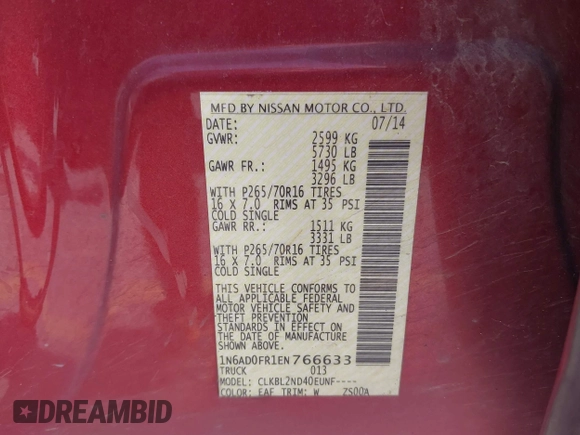 2014 Nissan Frontier SV z VIN 1N6AD0FR1EN766633, wystawiony jako IAAI lot #42453514 z przebiegiem 96 811 mil mil oraz . Historia ofert i sprzedaży dostępna na DreamBid. Obrazek 9.