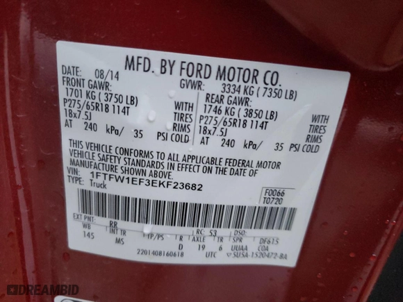2014 Ford F-150 XL with VIN 1FTFW1EF3EKF23682, listed as a Copart auction lot 37294694 with 0 mi miles and Salvage Title. Bid and sale history available at carsss.com. Image 12.