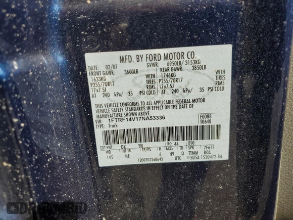 2007 Ford F-150 XL with VIN 1FTRF14V17NA53336, listed as a Copart auction lot 47614095 with Not provided miles and Salvage title. Bid and sale history available at DreamBid. Image 14.