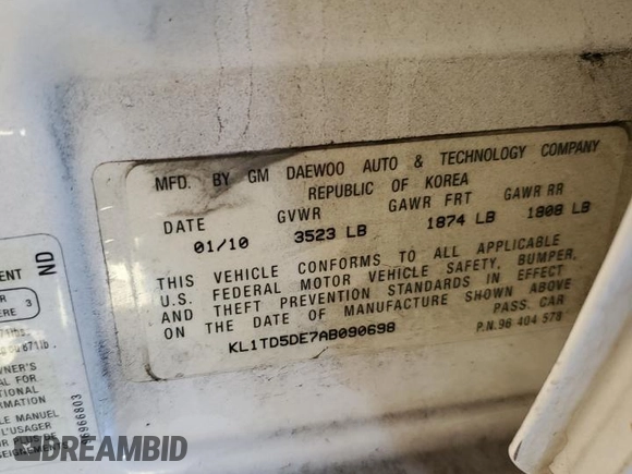 2010 Chevrolet Aveo 1LT with VIN KL1TD5DE7AB090698, listed as a Copart auction lot 88823465 with 159,391 mi miles and Salvage Title. Bid and sale history available at DreamBid. Image 12.
