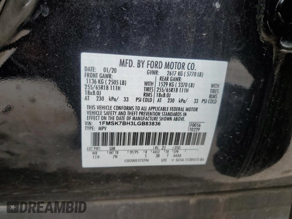 2020 Ford Explorer с VIN 1FMSK7BH3LGB83836, выставлен на аукционе Copart как лот 54559515 с пробегом 26 135 миль миль и Списание • Salvage title. История ставок и продаж доступна на DreamBid. Изображение 14.