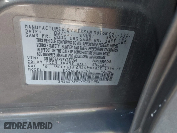 2015 Nissan Sentra SV with VIN 3N1AB7AP7FY237394, listed as a IAAI auction lot 41856164 with Not Provided miles and . Bid and sale history available at DreamBid. Image 9.