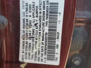2012 Honda Civic EX-L with VIN 19XFB2F92CE022759, listed as a Copart auction lot 51343545 with 135,540 mi miles and Salvage Title. Bid and sale history available at DreamBid. Image 12.