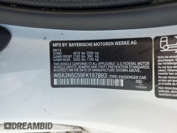 2015 BMW 4 Series 428i xDrive with VIN WBA3N5C59FK197893, listed as a Copart auction lot 60730385 with 91,163 mi miles and Salvage title. Bid and sale history available at DreamBid. Image 12.