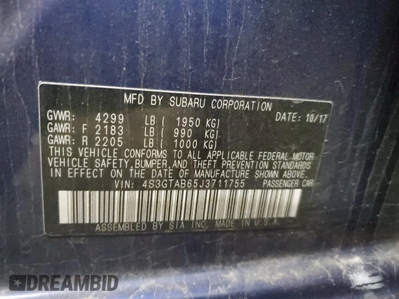 2018 Subaru Impreza Premium с VIN 4S3GTAB65J3711755, выставлен на аукционе Copart как лот 57759935 с пробегом 86 666 миль миль и Списание • Salvage title. История ставок и продаж доступна на DreamBid. Изображение 12.