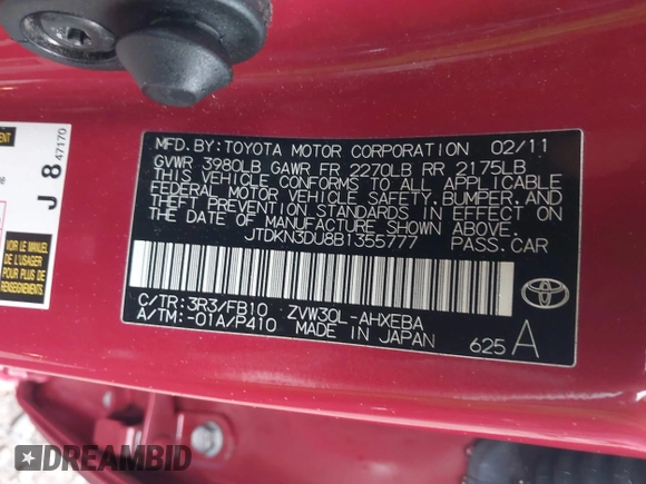 2011 Toyota Prius I with VIN JTDKN3DU8B1355777, listed as a IAAI auction lot 42198808 with 192,769 mi miles and . Bid and sale history available at DreamBid. Image 9.