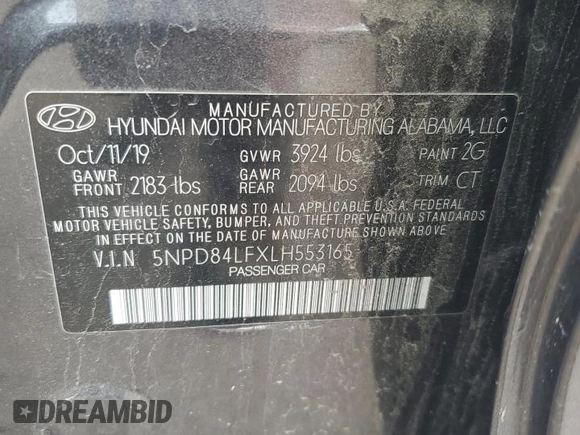 2020 Hyundai Elantra SEL with VIN 5NPD84LFXLH553165, listed as a Copart auction lot 59414815 with 85,960 mi miles and Salvage title. Bid and sale history available at DreamBid. Image 12.