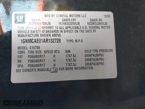 2010 Chevrolet Tahoe LS с VIN 1GNMCAE01AR132728, выставлен на аукционе IAAI как лот 42294787 с пробегом 207 564 миль миль и . История ставок и продаж доступна на DreamBid. Изображение 9.