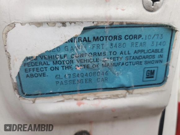 1974 Cadillac Eldorado z VIN 6L67S4Q408046, wystawiony jako Copart lot #77112024 z przebiegiem 97 414 mil mil oraz Szkoda całkowita • Salvage title. Historia ofert i sprzedaży dostępna na DreamBid. Obrazek 12.