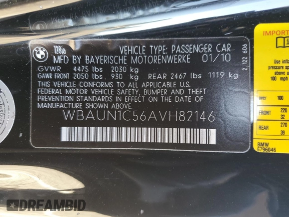 2010 BMW 1 Series 128i with VIN WBAUN1C56AVH82146, listed as a Copart auction lot 79296544 with 79,976 mi miles and Salvage title. Bid and sale history available at DreamBid. Image 12.