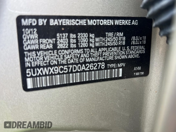 2013 BMW X3 xDrive28i with VIN 5UXWX9C57D0A26278, listed as a Copart auction lot 52040825 with 110,761 mi miles and Clean Title. Bid and sale history available at carsss.com. Image 10.