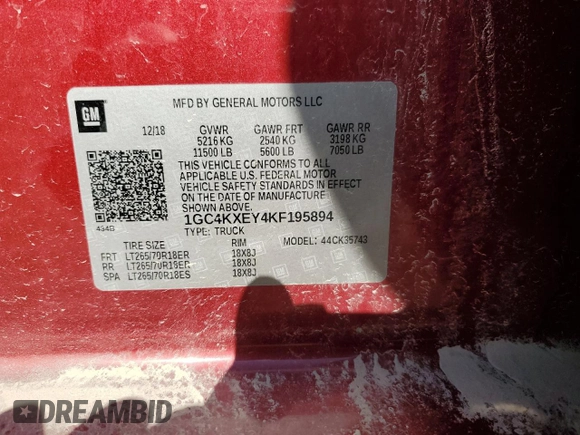 2019 Chevrolet Silverado 3500HD LTZ z VIN 1GC4KXEY4KF195894, wystawiony jako Copart lot #50650835 z przebiegiem 98 476 mil mil oraz Szkoda całkowita • Salvage title. Historia ofert i sprzedaży dostępna na DreamBid. Obrazek 13.