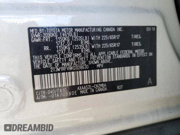 2019 Toyota RAV4 XLE with VIN 2T3W1RFV8KC028630, listed as a Copart auction lot 49307165 with 32,043 mi miles and Salvage Title. Bid and sale history available at DreamBid. Image 13.