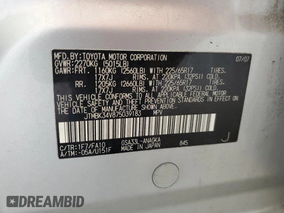 2007 Toyota RAV4 Limited z VIN JTMBK34V875039183, wystawiony jako Copart lot #63136715 z przebiegiem 209 428 mil mil oraz Czysty tytuł • Clean title. Historia ofert i sprzedaży dostępna na DreamBid. Obrazek 13.
