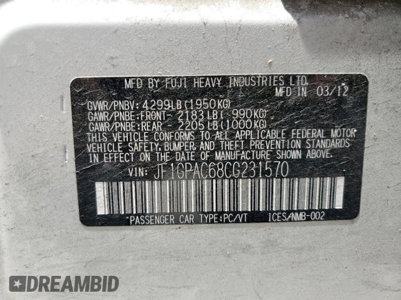 2012 Subaru Impreza Premium with VIN JF1GPAC68CG231570, listed as a Copart auction lot 62942705 with 115,833 mi miles and Salvage title. Bid and sale history available at DreamBid. Image 12.