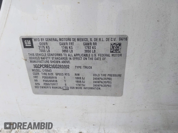 2016 Chevrolet Silverado 1500 LT with VIN 3GCPCREC3GG283092, listed as a IAAI auction lot 41947790 with 274,582 mi miles and . Bid and sale history available at DreamBid. Image 9.