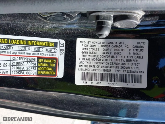 2013 Honda Civic Cpe LX with VIN 2HGFG3B53DH526688, listed as a IAAI auction lot 41784106 with 98,492 mi miles. Bid and sale history available at carsss.com. Image 9.