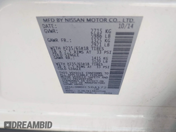 2015 Infiniti QX60 with VIN 5N1AL0MM0FC504172, listed as a IAAI auction lot 41977566 with 128,196 mi miles and . Bid and sale history available at DreamBid. Image 9.
