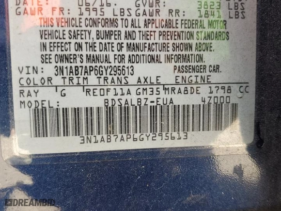 2016 Nissan Sentra SR with VIN 3N1AB7AP6GY295613, listed as a Copart auction lot 48369925 with 108,146 mi miles and Salvage Title. Bid and sale history available at carsss.com. Image 12.