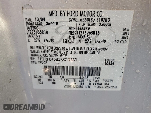 2005 Ford F-150 XLT with VIN 1FTRF04585KC12331, listed as a Copart auction lot 44204765 with 168,830 mi miles and Non Repairable. Bid and sale history available at carsss.com. Image 13.