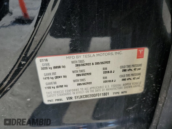 2016 Tesla Model X 70D with VIN 5YJXCBE20GF011801, listed as a Copart auction lot 47640725 with 174,948 mi miles and Salvage Title. Bid and sale history available at DreamBid. Image 15.