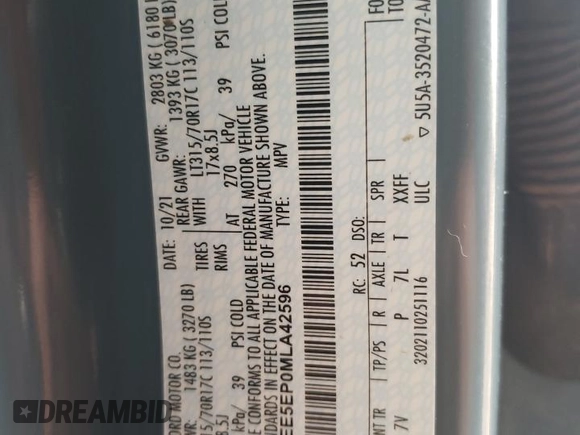 2021 Ford Bronco First Edition with VIN 1FMEE5EP0MLA42596, listed as a Copart auction lot 63210803 with Not Provided miles and . Bid and sale history available at DreamBid. Image 13.