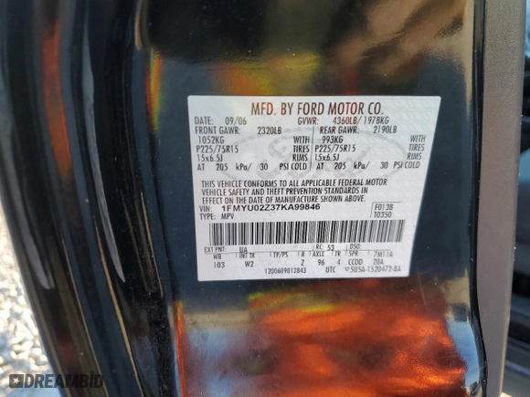 2007 Ford Escape XLS with VIN 1FMYU02Z37KA99846, listed as a Copart auction lot 41578944 with 216,990 mi miles and Salvage Title. Bid and sale history available at carsss.com. Image 12.