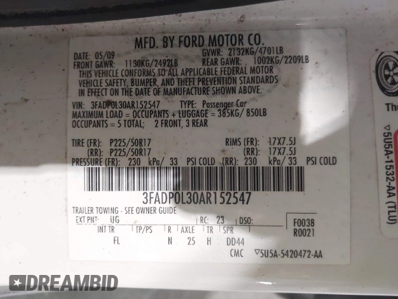 2010 Ford Fusion Hybrid with VIN 3FADP0L30AR152547, listed as a IAAI auction lot 42191154 with 105,180 mi miles. Bid and sale history available at carsss.com. Image 9.