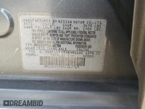 2017 Nissan Note SV with VIN 3N1CE2CP5HL367769, listed as a Copart auction lot 50008375 with 163,595 mi miles and Salvage Title. Bid and sale history available at DreamBid. Image 14.