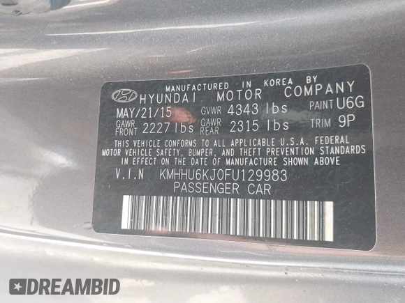 2015 Hyundai Genesis Coupe Ultimate with VIN KMHHU6KJ0FU129983, listed as a IAAI auction lot 42420357 with 104,870 mi miles and . Bid and sale history available at DreamBid. Image 9.