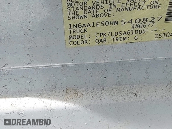 2017 Nissan Titan SV with VIN 1N6AA1E50HN540827, listed as a IAAI auction lot 42105294 with 139,914 mi miles and . Bid and sale history available at DreamBid. Image 9.