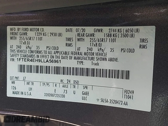 2020 Ford Ranger XL with VIN 1FTER4EH9LLA56961, listed as a IAAI auction lot 42836009 with 105,971 mi miles and . Bid and sale history available at DreamBid. Image 9.