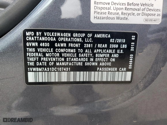 2013 Volkswagen Passat SE w/Sunroof with VIN 1VWBM7A31DC107431, listed as a Copart auction lot 53462205 with 204,220 mi miles and Clean Title. Bid and sale history available at carsss.com. Image 12.