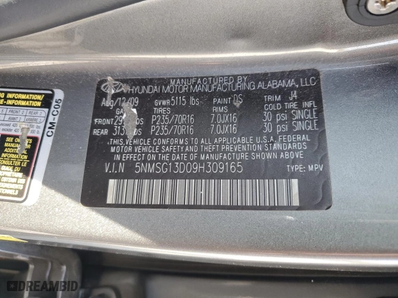 2009 Hyundai Santa Fe GLS with VIN 5NMSG13D09H309165, listed as a Copart auction lot 51279825 with 82,680 mi miles and Salvage Title. Bid and sale history available at carsss.com. Image 14.