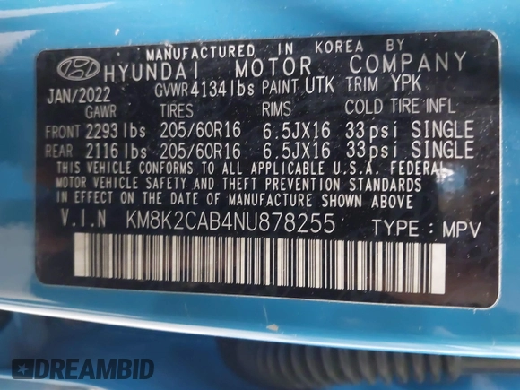 2022 Hyundai Kona SE with VIN KM8K2CAB4NU878255, listed as a IAAI auction lot 41630995 with 36,856 mi miles. Bid and sale history available at carsss.com. Image 9.