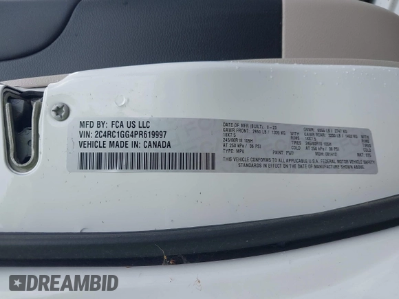 2023 Chrysler Pacifica Limited with VIN 2C4RC1GG4PR619997, listed as a IAAI auction lot 42421682 with 51,520 mi miles and . Bid and sale history available at DreamBid. Image 9.