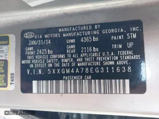 2014 Kia Optima LX with VIN 5XXGM4A78EG311638, listed as a IAAI auction lot 41206973 with 263,678 mi miles. Bid and sale history available at carsss.com. Image 9.