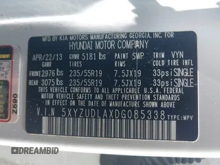 2013 Hyundai Santa Fe Sport с VIN 5XYZUDLAXDG085338, выставлен на аукционе IAAI как лот 42855101 с пробегом 185 441 миль миль и . История ставок и продаж доступна на DreamBid. Изображение 9.