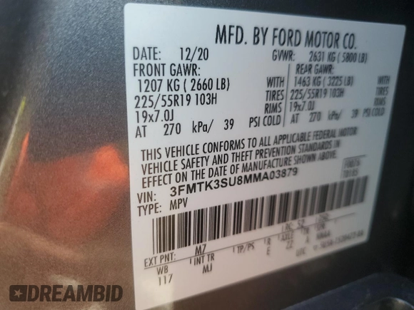 2021 Ford Mustang Mach-E Premium с VIN 3FMTK3SU8MMA03879, выставлен на аукционе Copart как лот 59152985 с пробегом Не указан миль и Списание • Salvage title. История ставок и продаж доступна на DreamBid. Изображение 13.