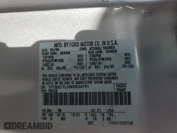 1998 Ford F-150 XL with VIN 1FTRX17L3WKB36791, listed as a Copart auction lot 42141915 with 201,067 mi miles and Salvage title. Bid and sale history available at DreamBid. Image 14.