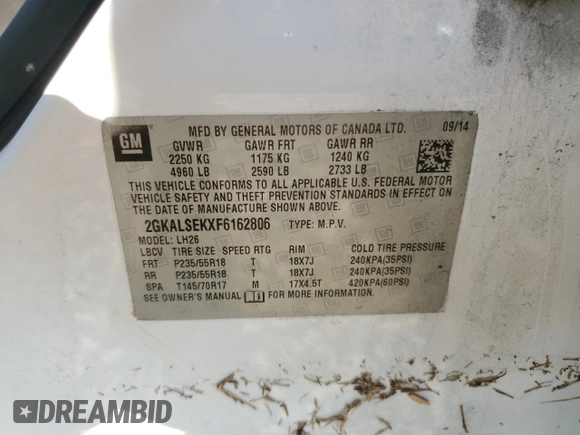 2015 GMC Terrain SLT with VIN 2GKALSEKXF6162806, listed as a Copart auction lot 62740435 with 233,666 mi miles and Salvage title. Bid and sale history available at DreamBid. Image 14.