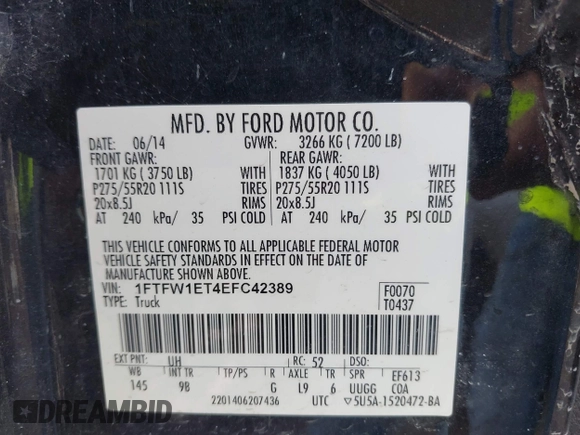 2014 Ford F-150 XL with VIN 1FTFW1ET4EFC42389, listed as a IAAI auction lot 42137765 with 273,938 mi miles and . Bid and sale history available at DreamBid. Image 9.