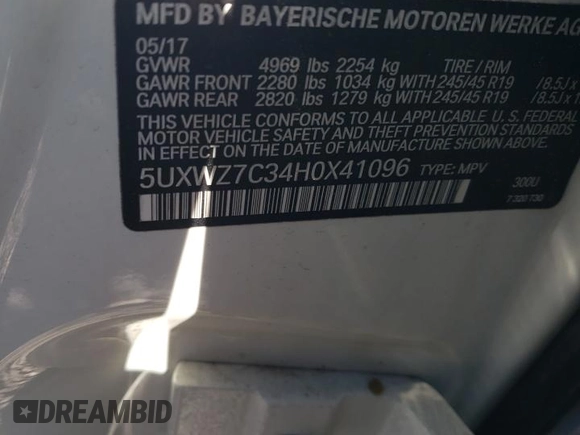 2017 BMW X3 sDrive28i with VIN 5UXWZ7C34H0X41096, listed as a Copart auction lot 45384405 with 74,875 mi miles and Salvage Title. Bid and sale history available at carsss.com. Image 13.