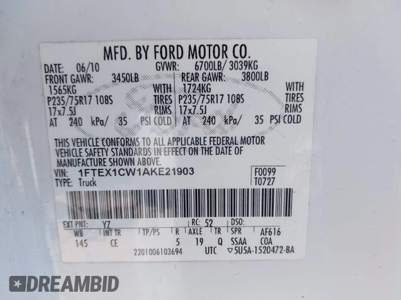 2010 Ford F-150 XL with VIN 1FTEX1CW1AKE21903, listed as a IAAI auction lot 41658076 with 276,008 mi miles. Bid and sale history available at carsss.com. Image 9.