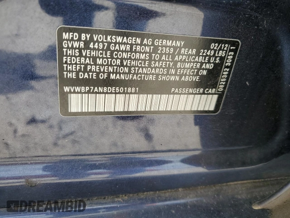 2013 Volkswagen CC R-Line with VIN WVWBP7AN8DE501881, listed as a Copart auction lot 68364054 with 101,546 mi miles and Clean Title. Bid and sale history available at carsss.com. Image 12.