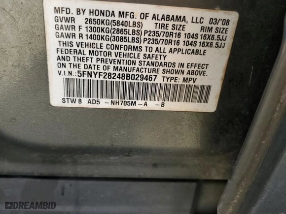 2008 Honda Pilot VP with VIN 5FNYF28248B029467, listed as a Copart auction lot 59905324 with 219,882 mi miles and Salvage Title. Bid and sale history available at carsss.com. Image 13.