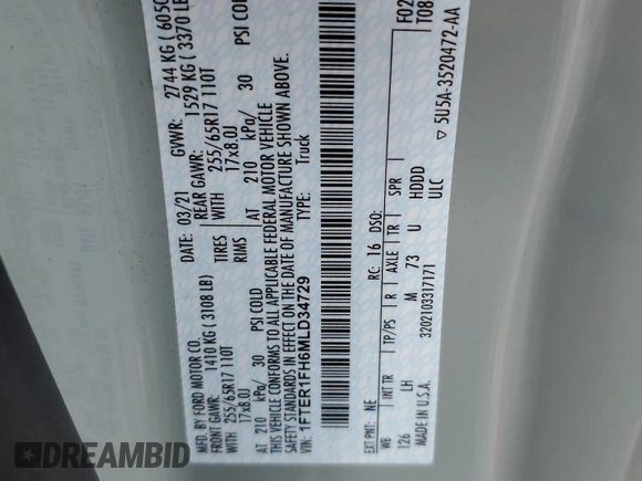 2021 Ford Ranger XL with VIN 1FTER1FH6MLD34729, listed as a Copart auction lot 53529925 with 38,831 mi miles and Salvage title. Bid and sale history available at DreamBid. Image 13.