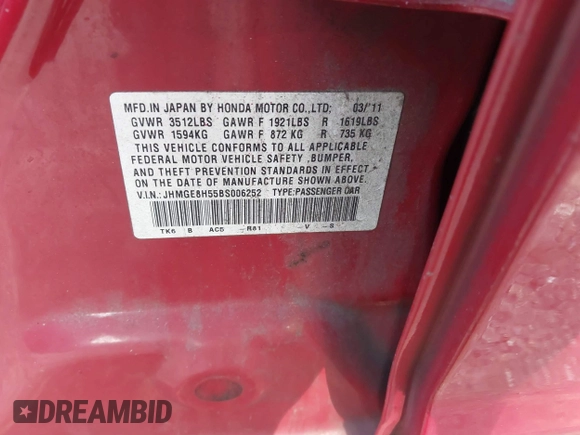 2011 Honda Fit Sport with VIN JHMGE8H55BS006252, listed as a IAAI auction lot 42132958 with 147,734 mi miles and . Bid and sale history available at DreamBid. Image 9.