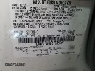 2009 Ford Taurus SEL with VIN 1FAHP27W49G116302, listed as a Copart auction lot 81766854 with 146,558 mi miles and Clean Title. Bid and sale history available at carsss.com. Image 12.